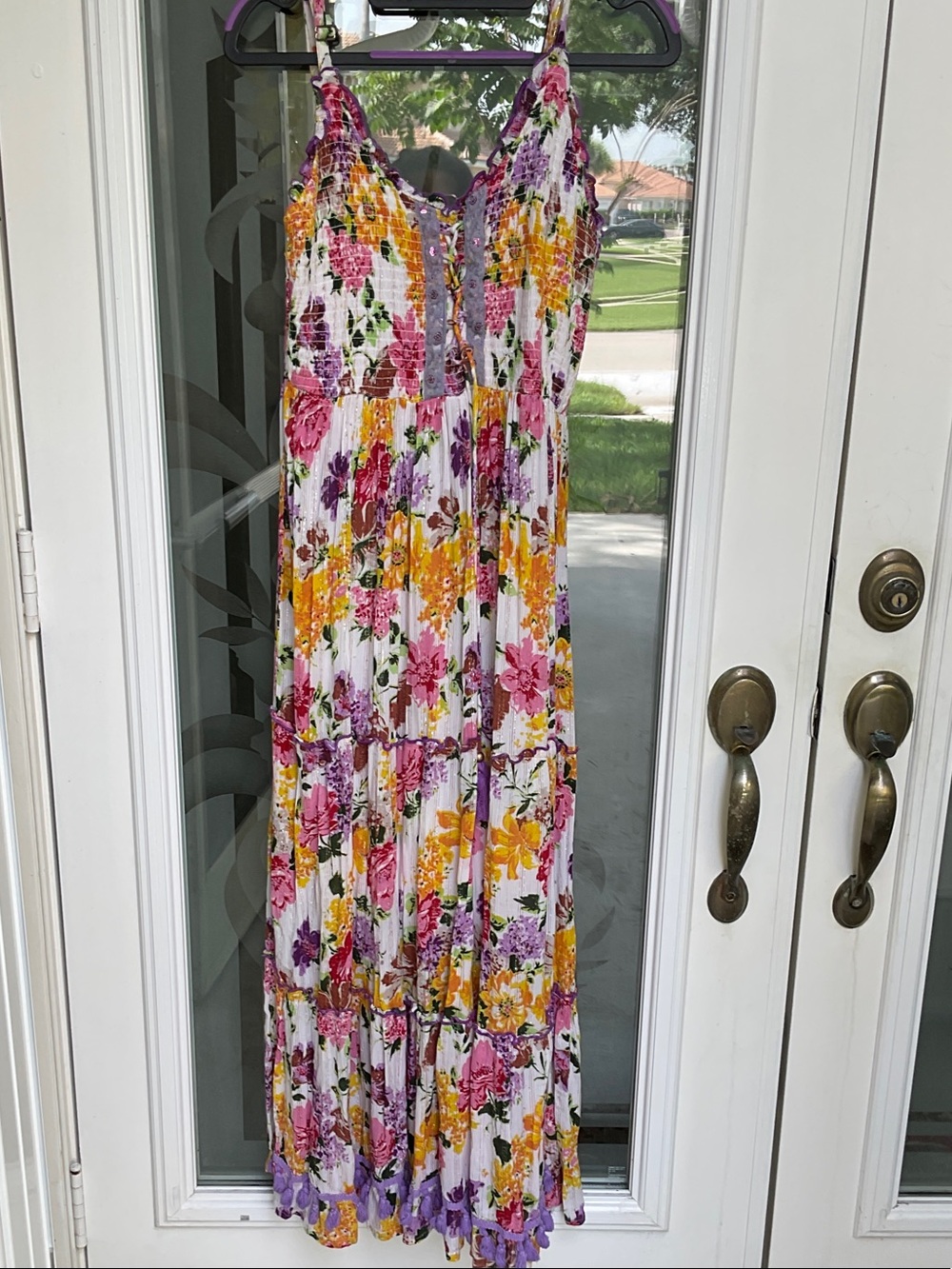Smocked Floral Maxi Dress in White with Pink, Yellow & Purple